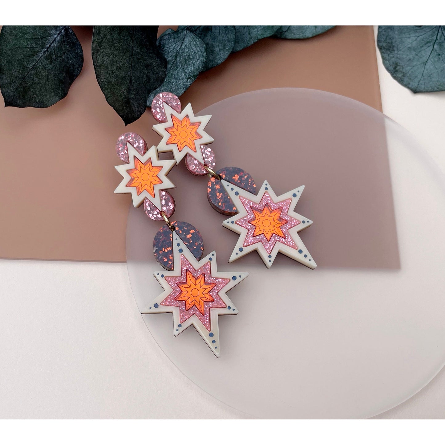 Star Deco Statement Drop Earrings - Orange