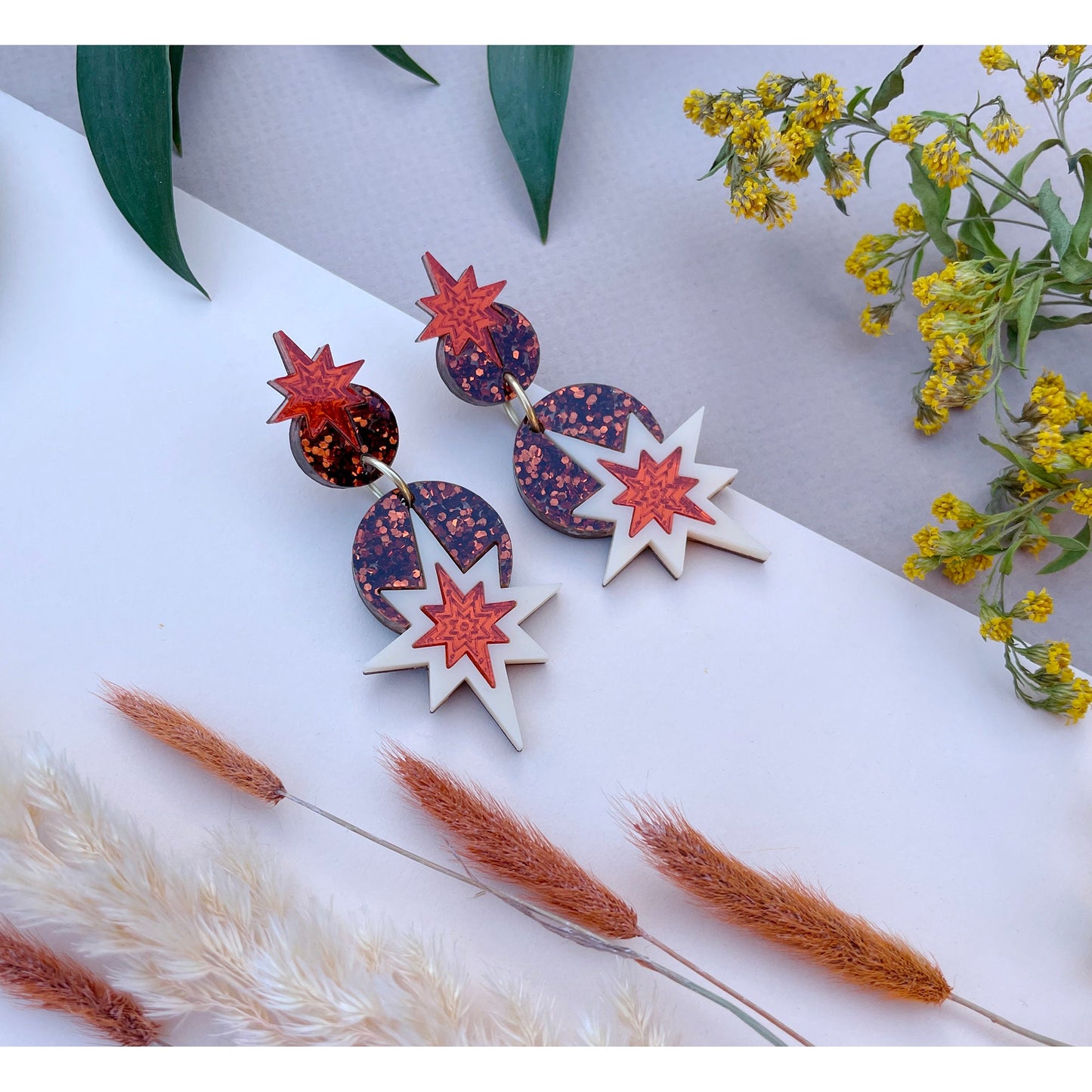 Star Deco Drop Earrings in Copper Glitter