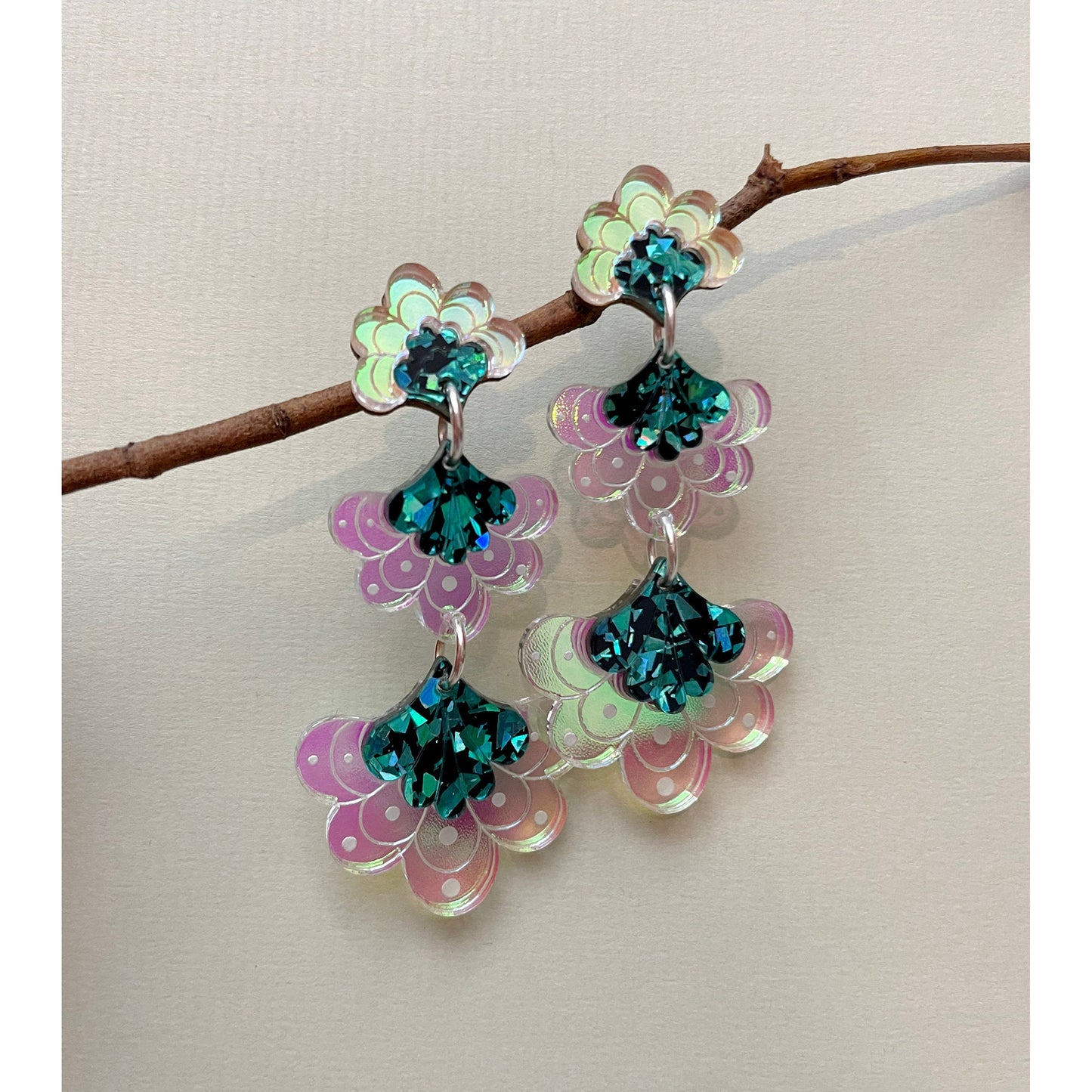 Ellen Scalloped Triple Drop Earrings in Teal Iridescent