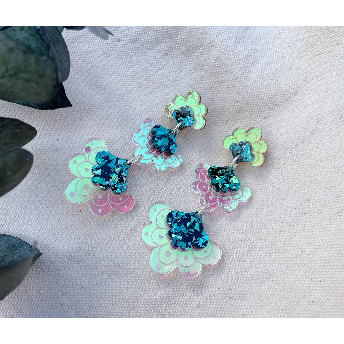 Ellen Scalloped Triple Drop Earrings in Teal Iridescent