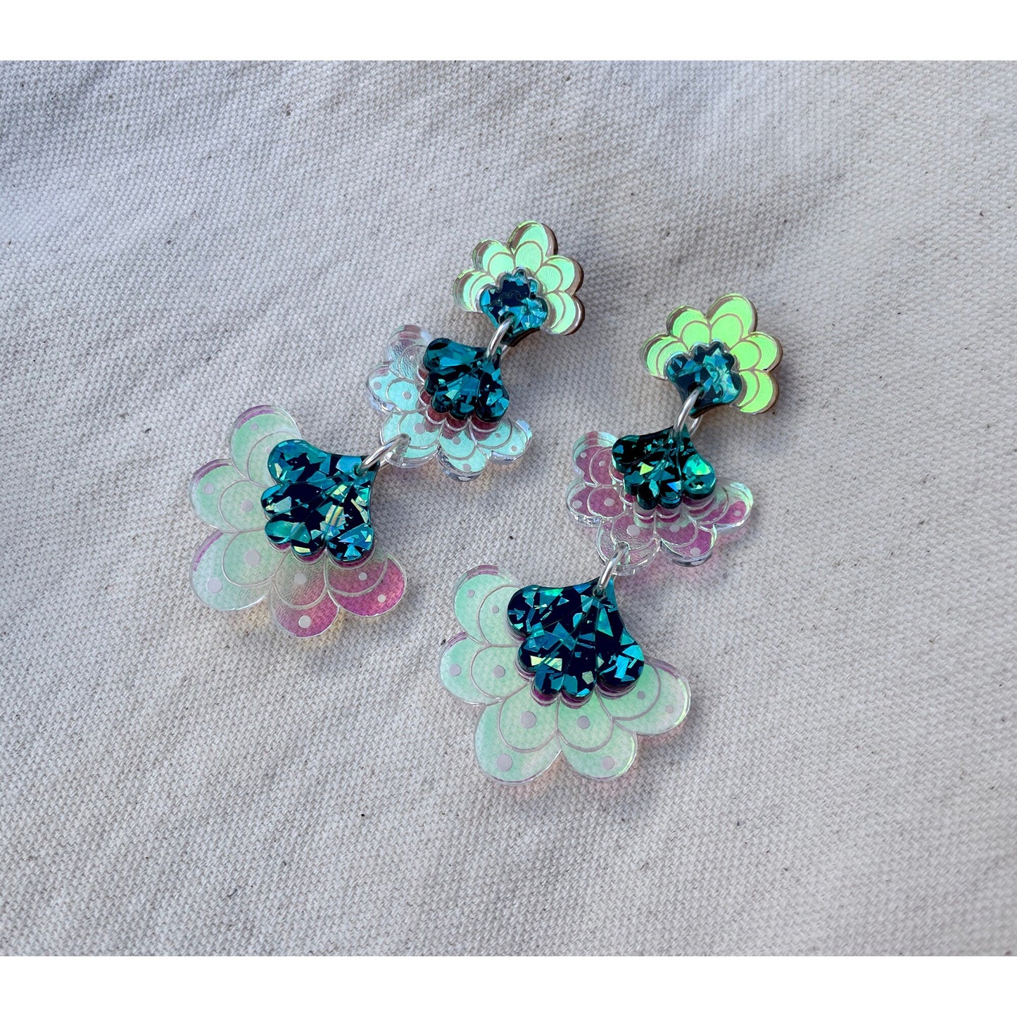 Ellen Scalloped Triple Drop Earrings in Teal Iridescent