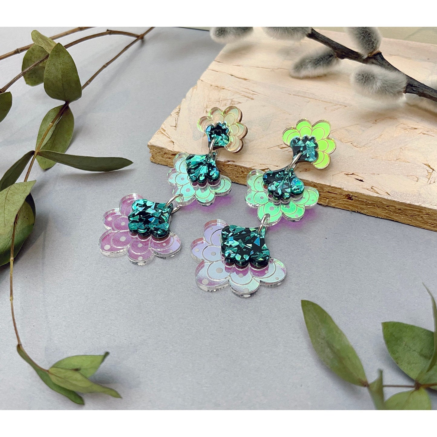 Ellen Scalloped Triple Drop Earrings in Teal Iridescent