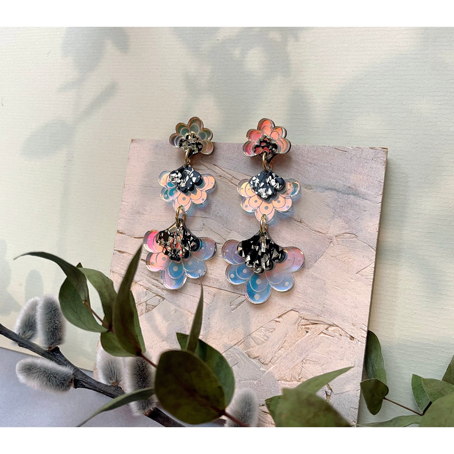 Ellen Scalloped Triple Drop Earrings in Gold Iridescent