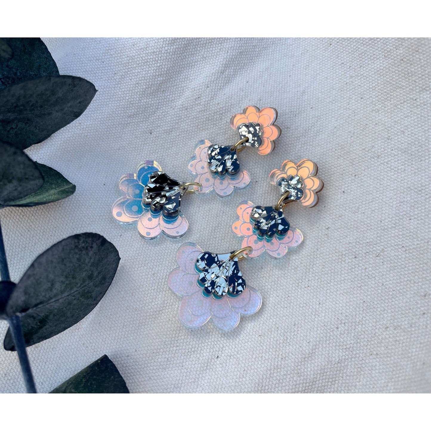 Ellen Scalloped Triple Drop Earrings in Gold Iridescent
