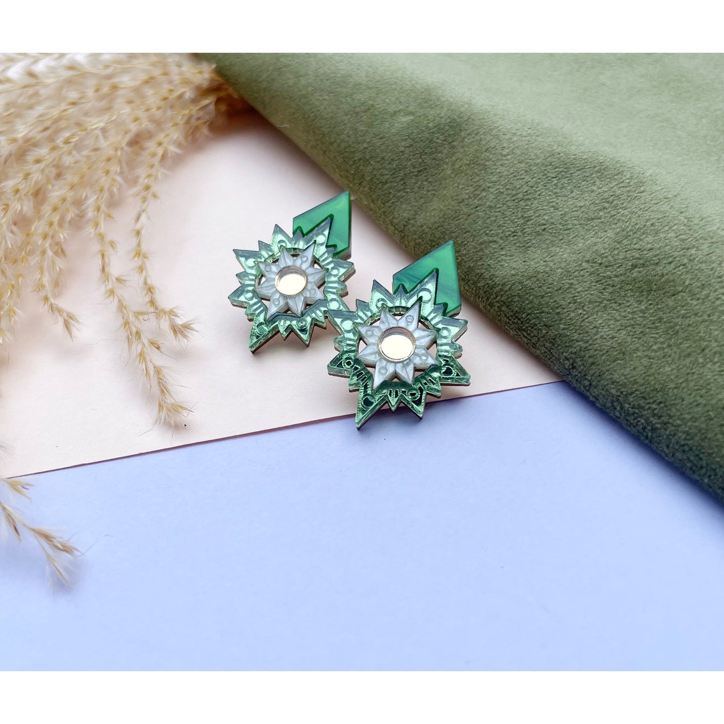 Aurora Art Deco Celestial Stud Earrings in Green