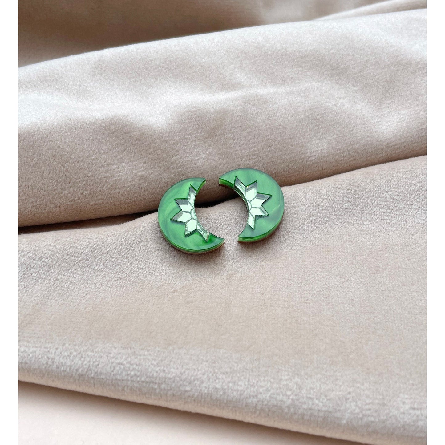 Art Deco Moon Stud Earrings in Emerald