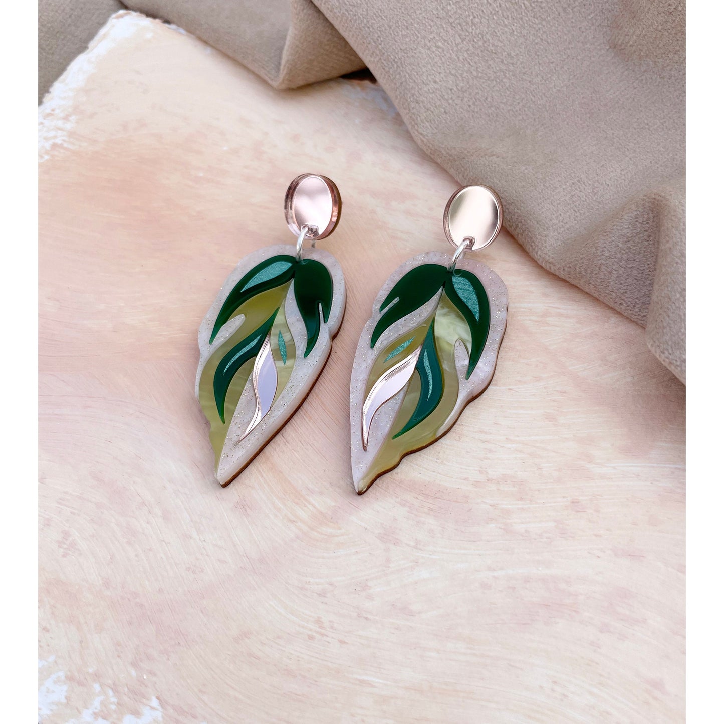 Calathea Leaf Drop Earrings in Pink and Green