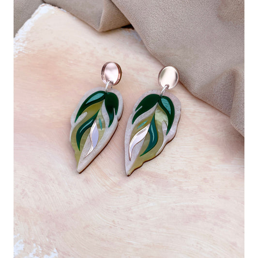Calathea Leaf Drop Earrings in Pink and Green
