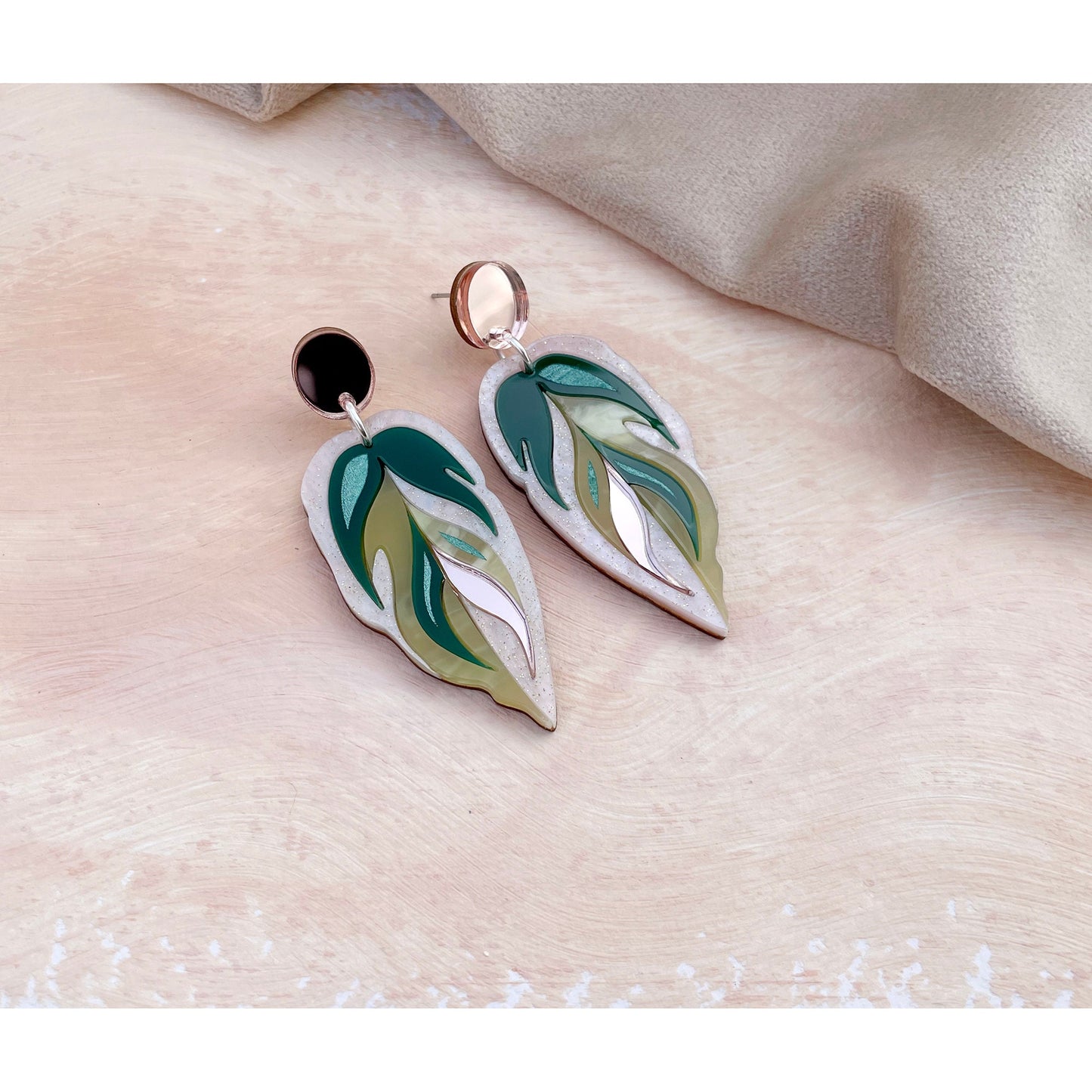 Calathea Leaf Drop Earrings in Pink and Green