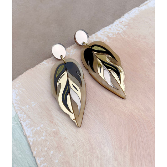 Calathea Leaf Drop Earrings in Bronze and Gold