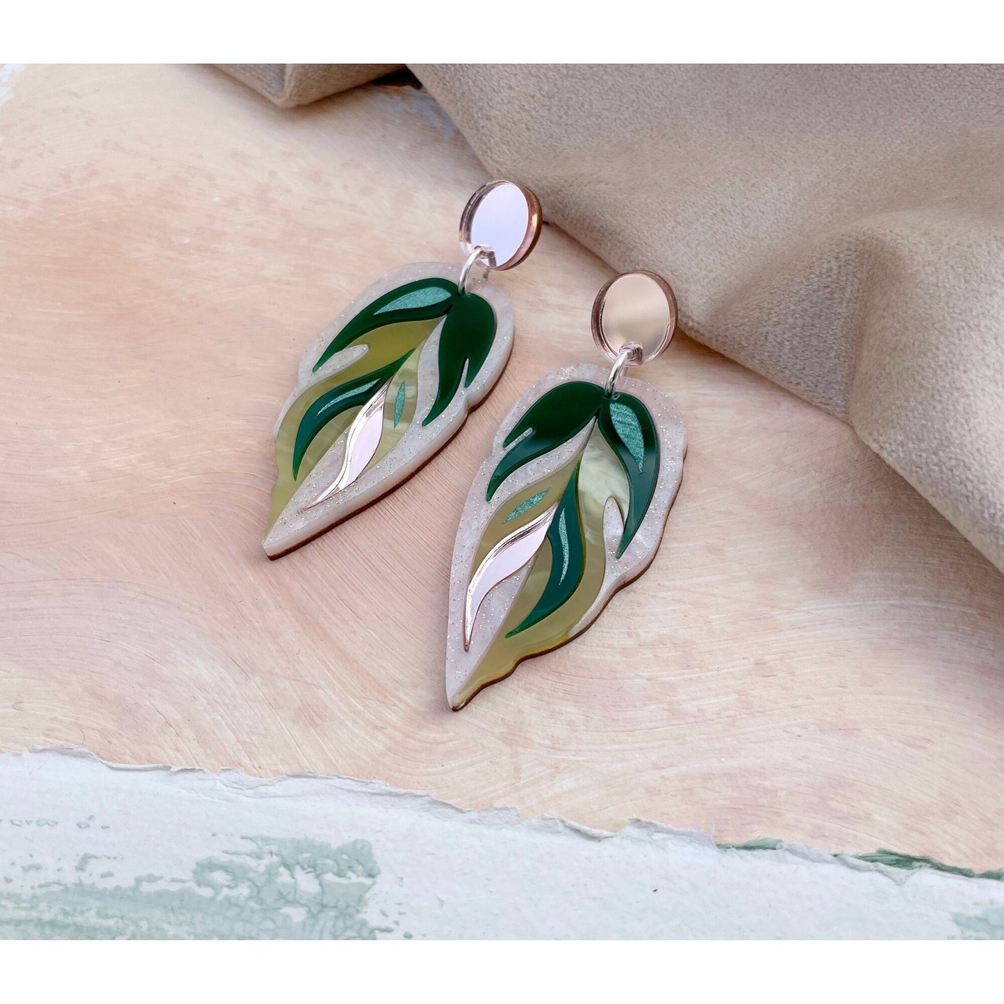 Calathea Leaf Drop Earrings in Pink and Green