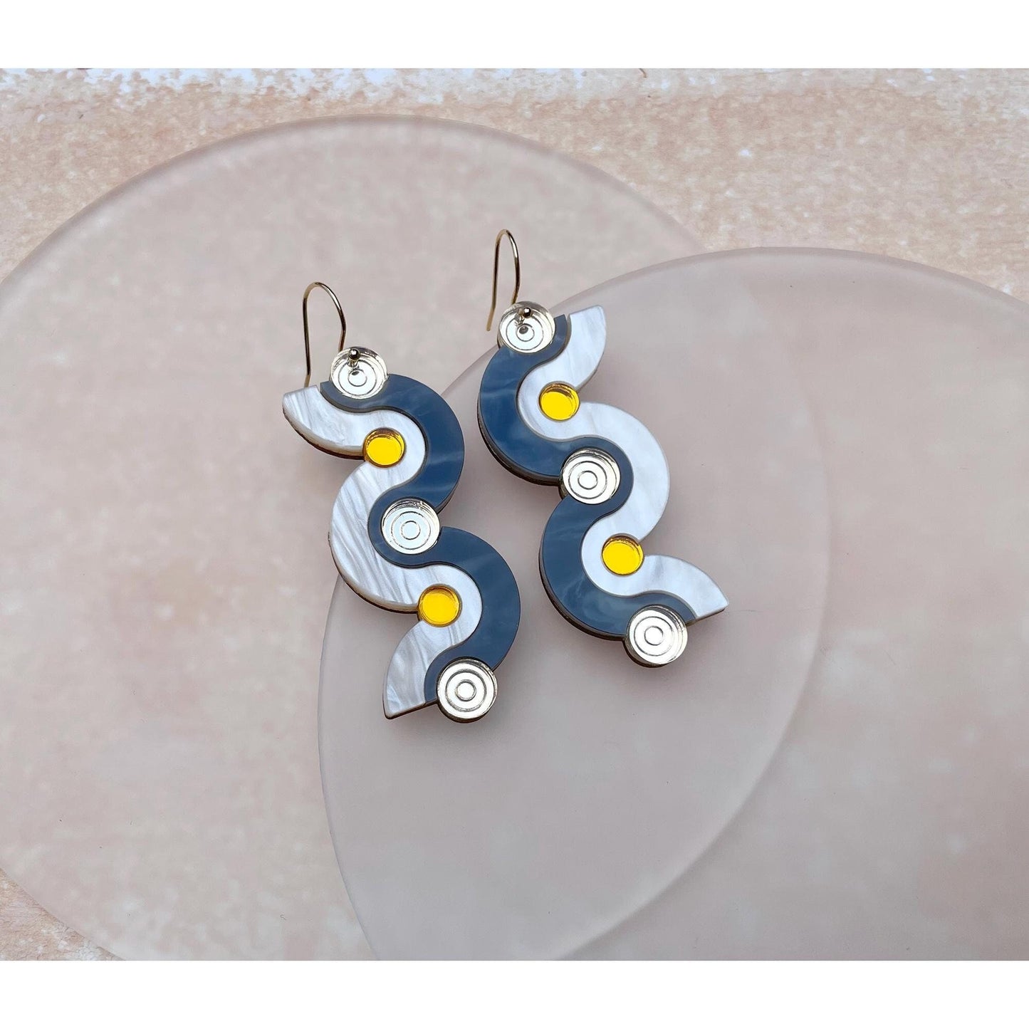 Wiggle Dot Hook Earrings in Pearl, Gold and Grey