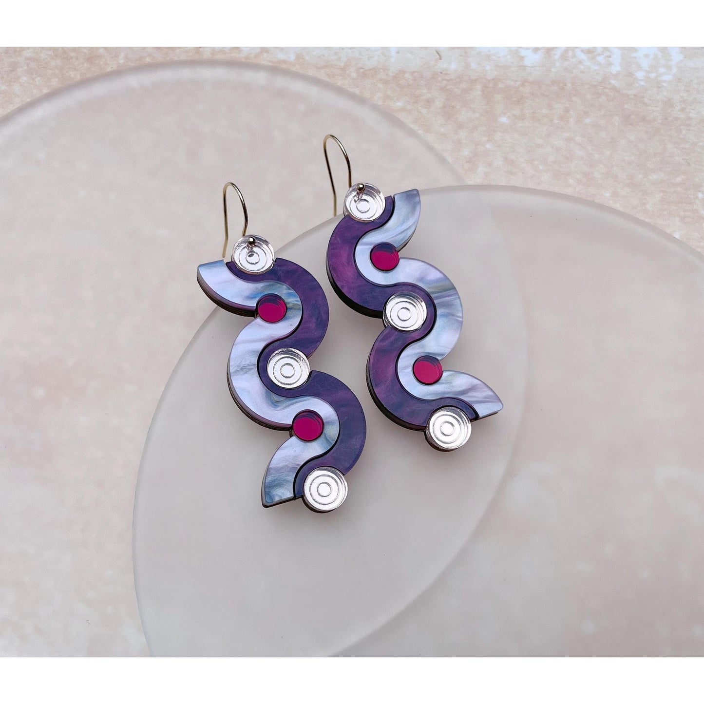 Wiggle Dot Hook Earrings in Pink and Red Marble