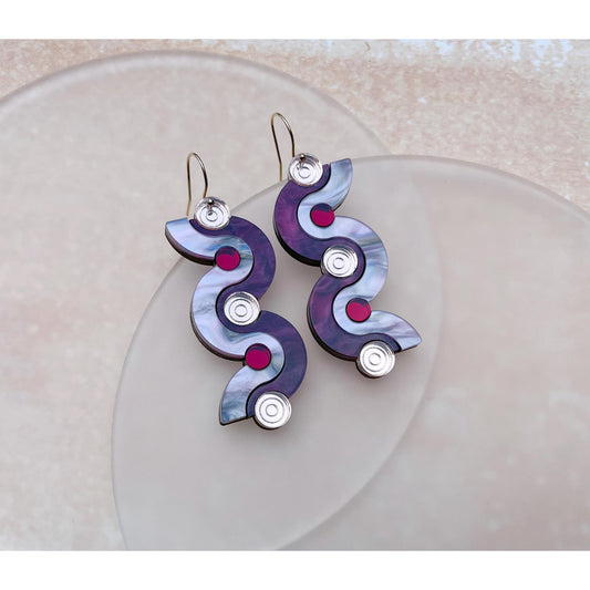 Wiggle Dot Hook Earrings in Pink and Red Marble