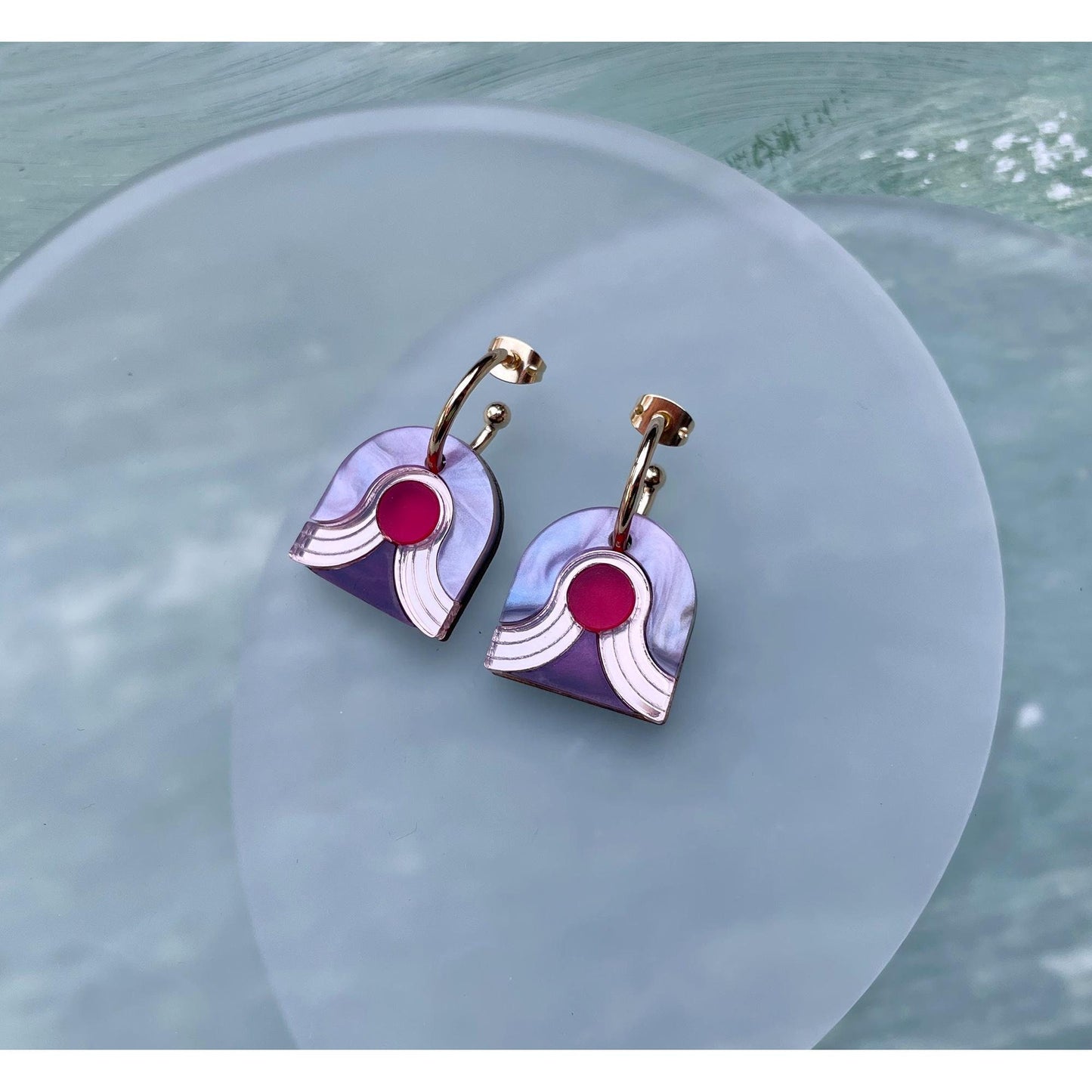 Arch Dot Hoop Earrings in Pink Marble