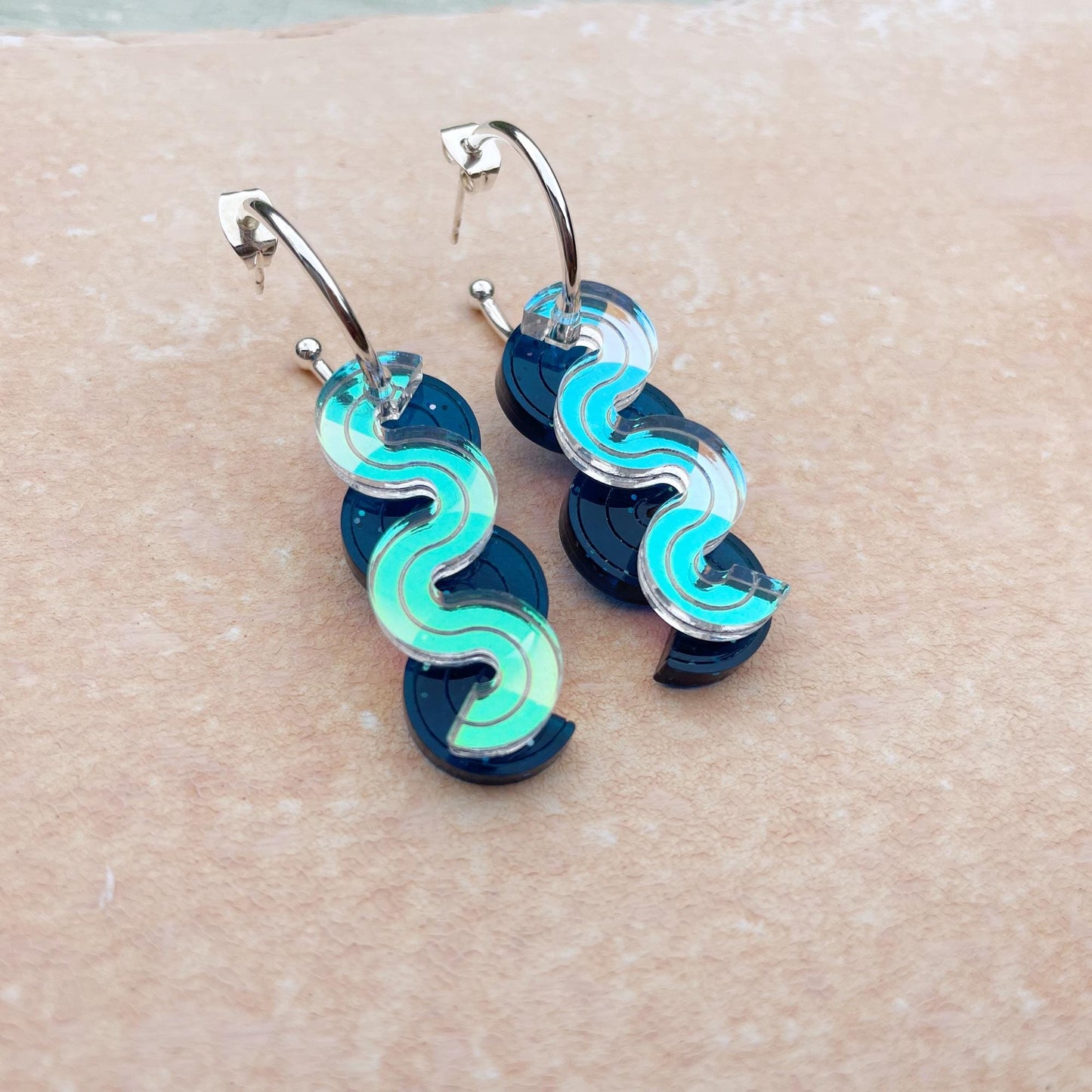 Wiggle Layer Hoop Earrings in Blue and Iridescent