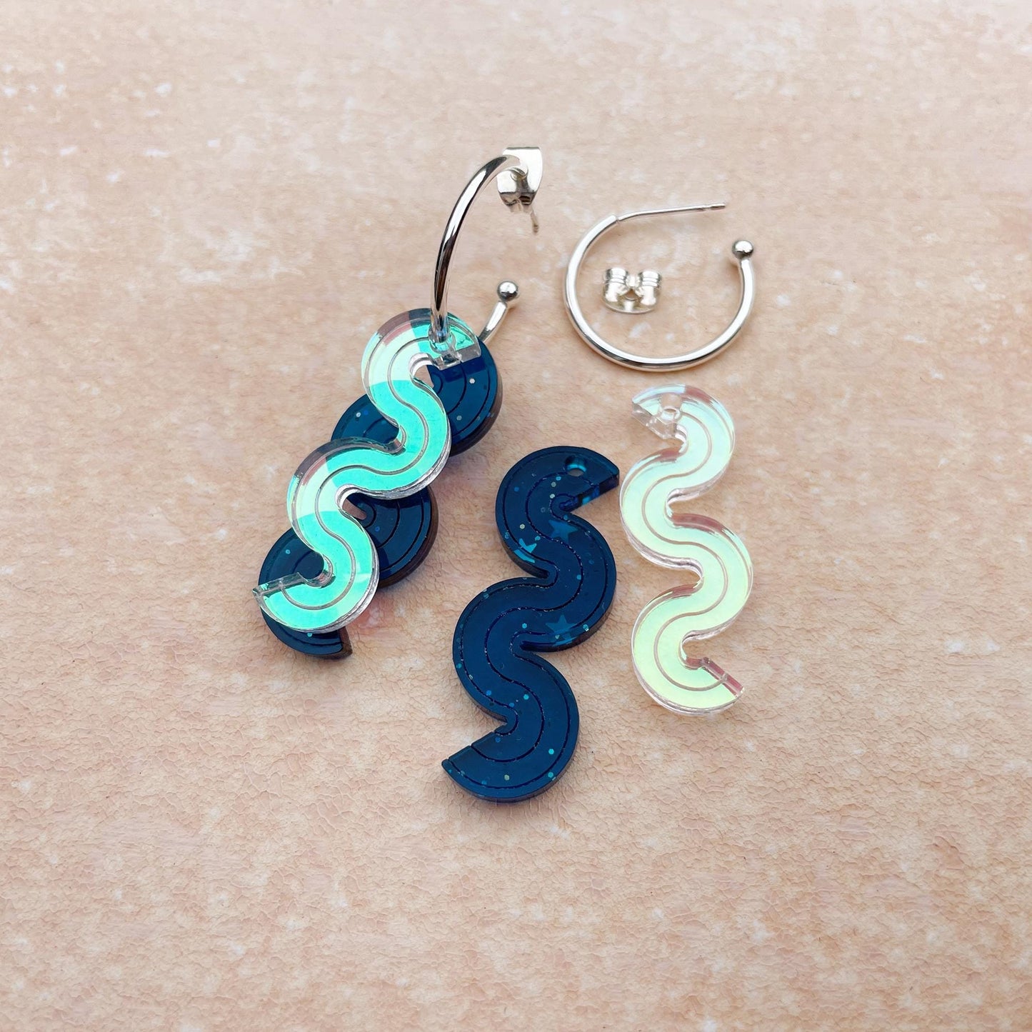 Wiggle Layer Hoop Earrings in Blue and Iridescent