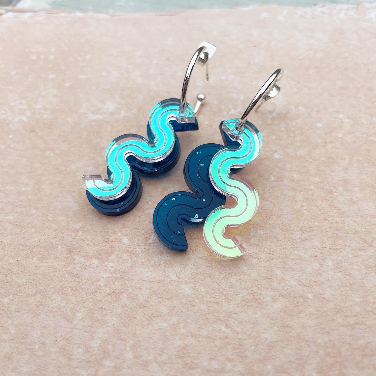 Wiggle Layer Hoop Earrings in Blue and Iridescent
