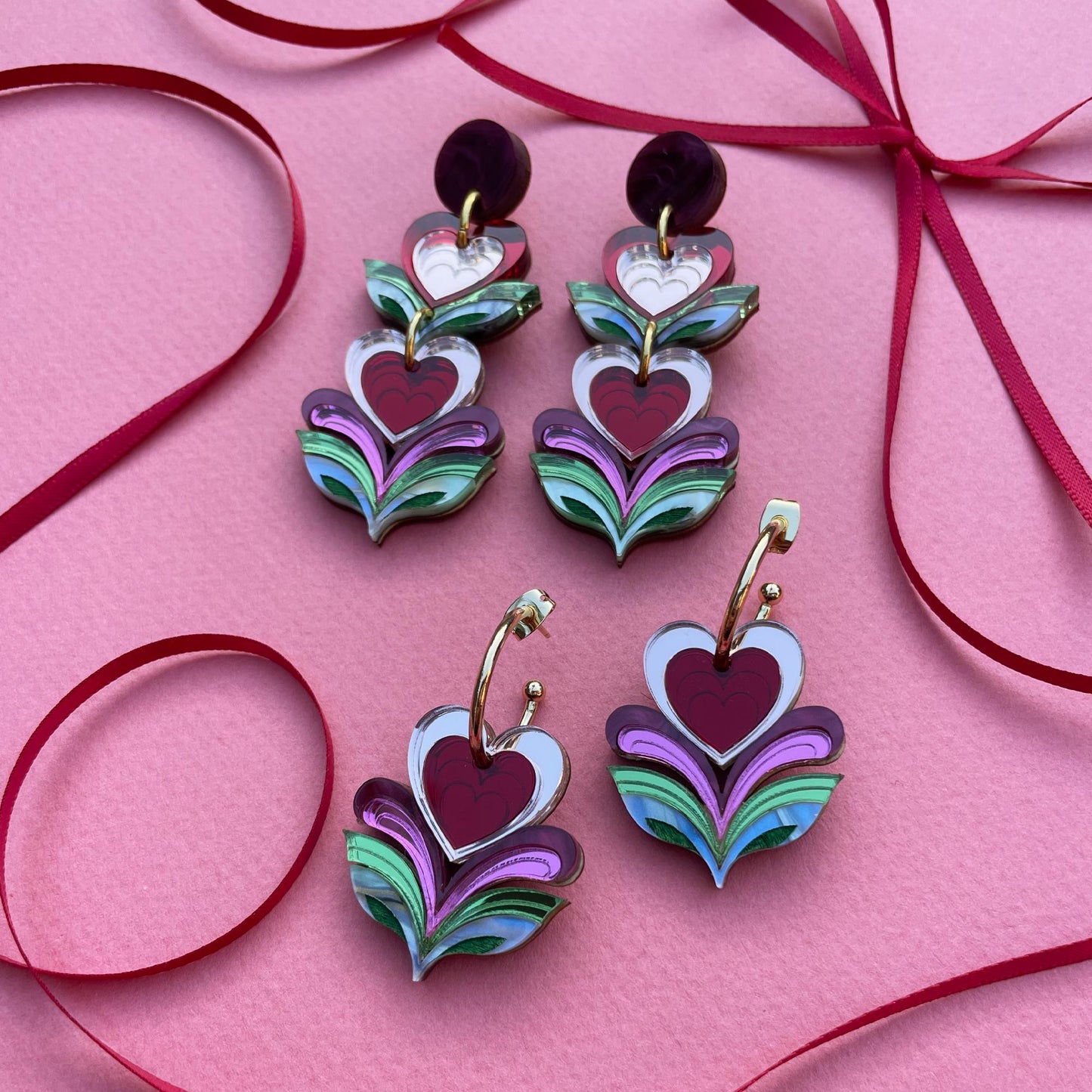 Leafy Flower Heart Hoops