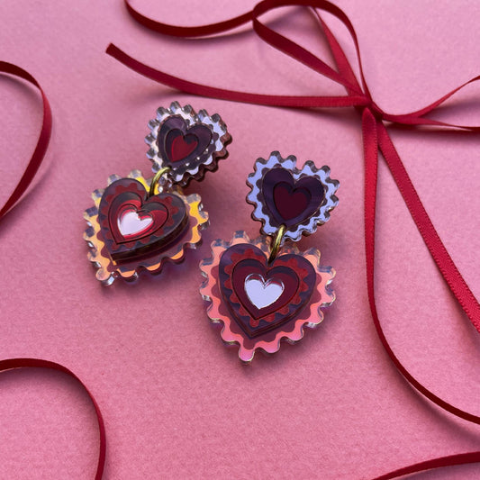 Iridescent Wiggle Heart Statement Earrings in Wine