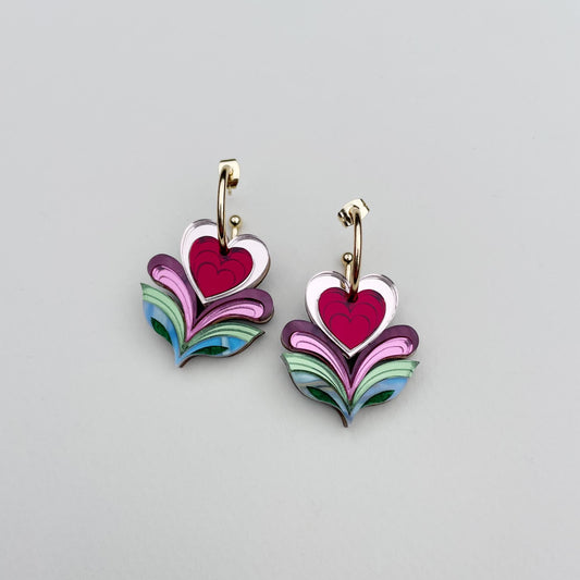 Leafy Flower Heart Hoops