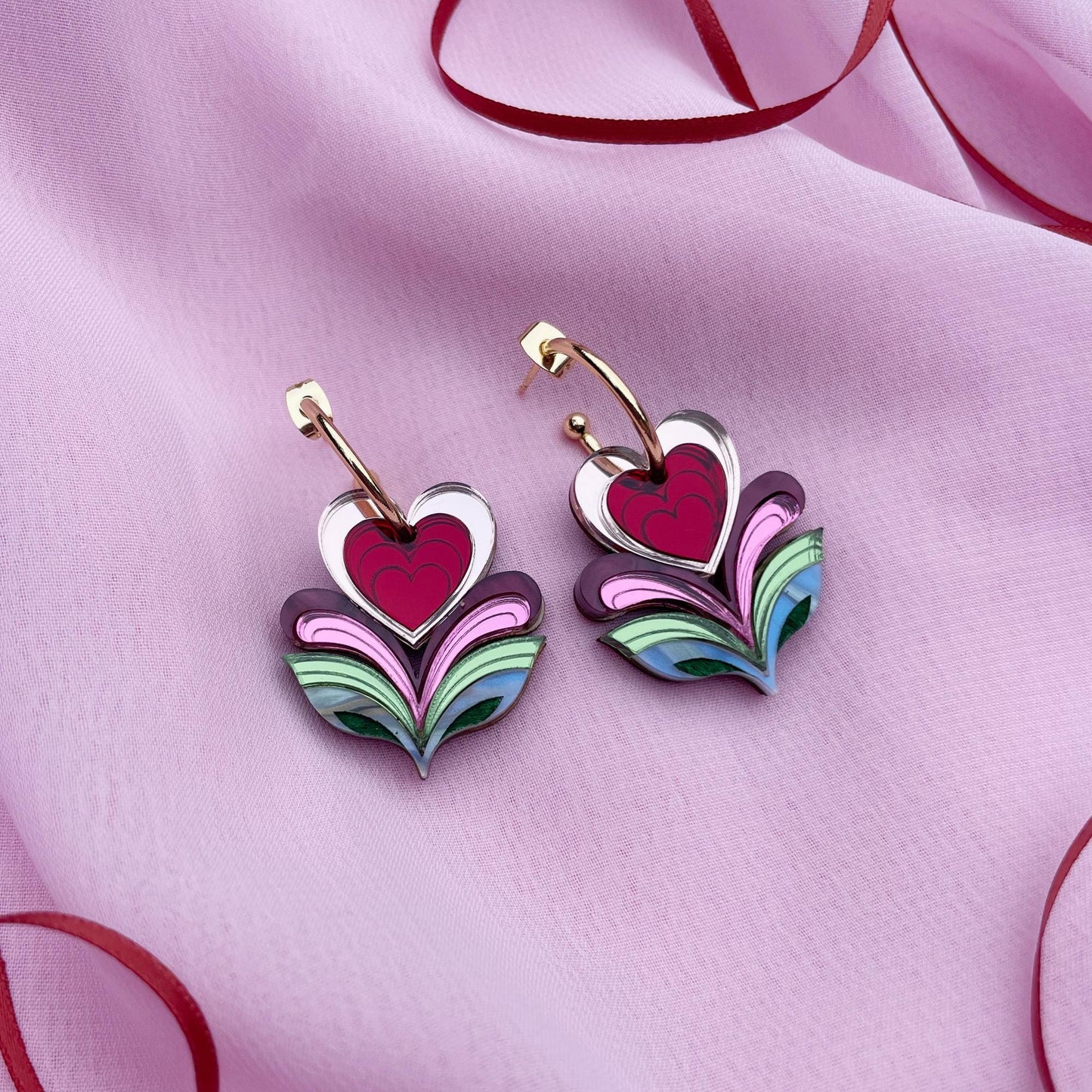 Leafy Flower Heart Hoops