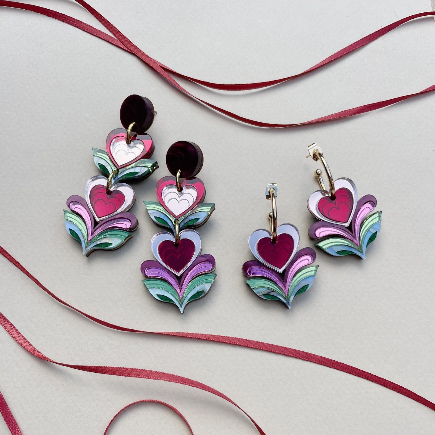 Leafy Flower Heart Hoops