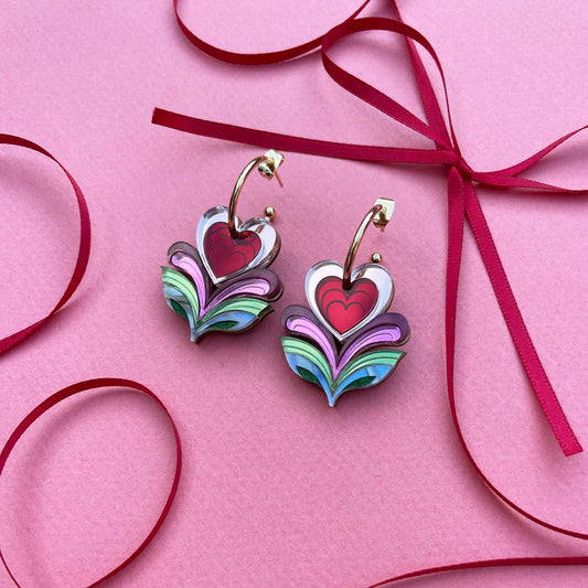 Leafy Flower Heart Hoops