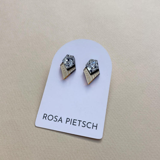 STOCK CLEARANCE: Glitter Layer Etched Pentagon Studs in Gold and Silver