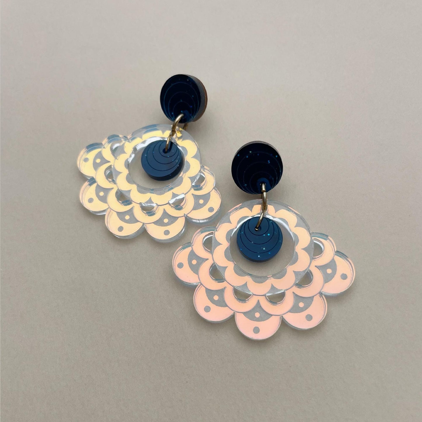 STOCK CLEARANCE: Engraved Scalloped Statement Earrings in Blue and Iridescent