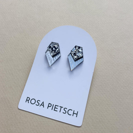 STOCK CLEARANCE: Glitter Layer Etched Pentagon Studs in Silver