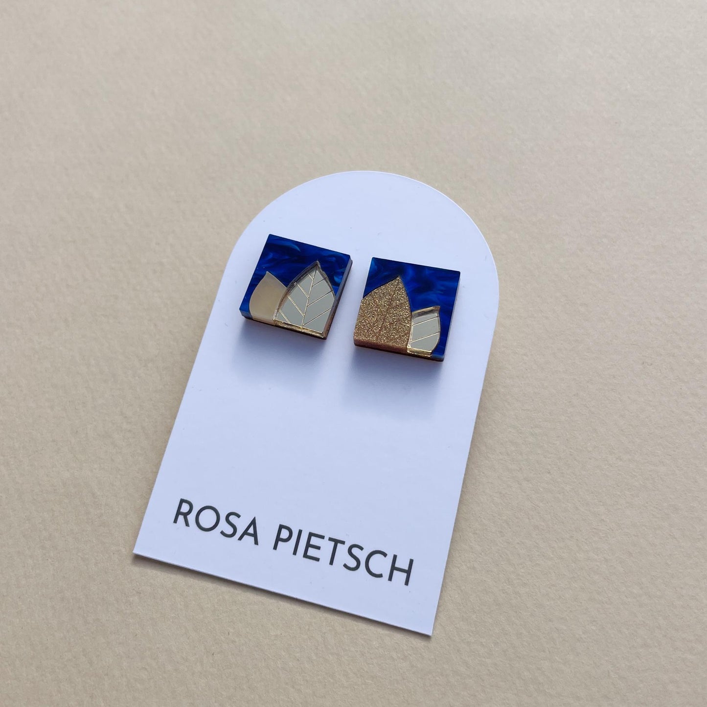 STOCK CLEARANCE: Leafy Tile Stud Earrings in Blue and Gold