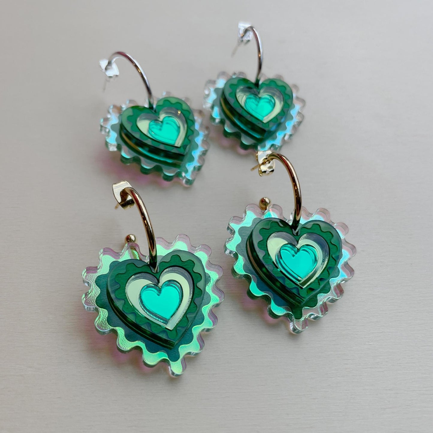 Iridescent Wiggle Heart Hoop Earrings in Green