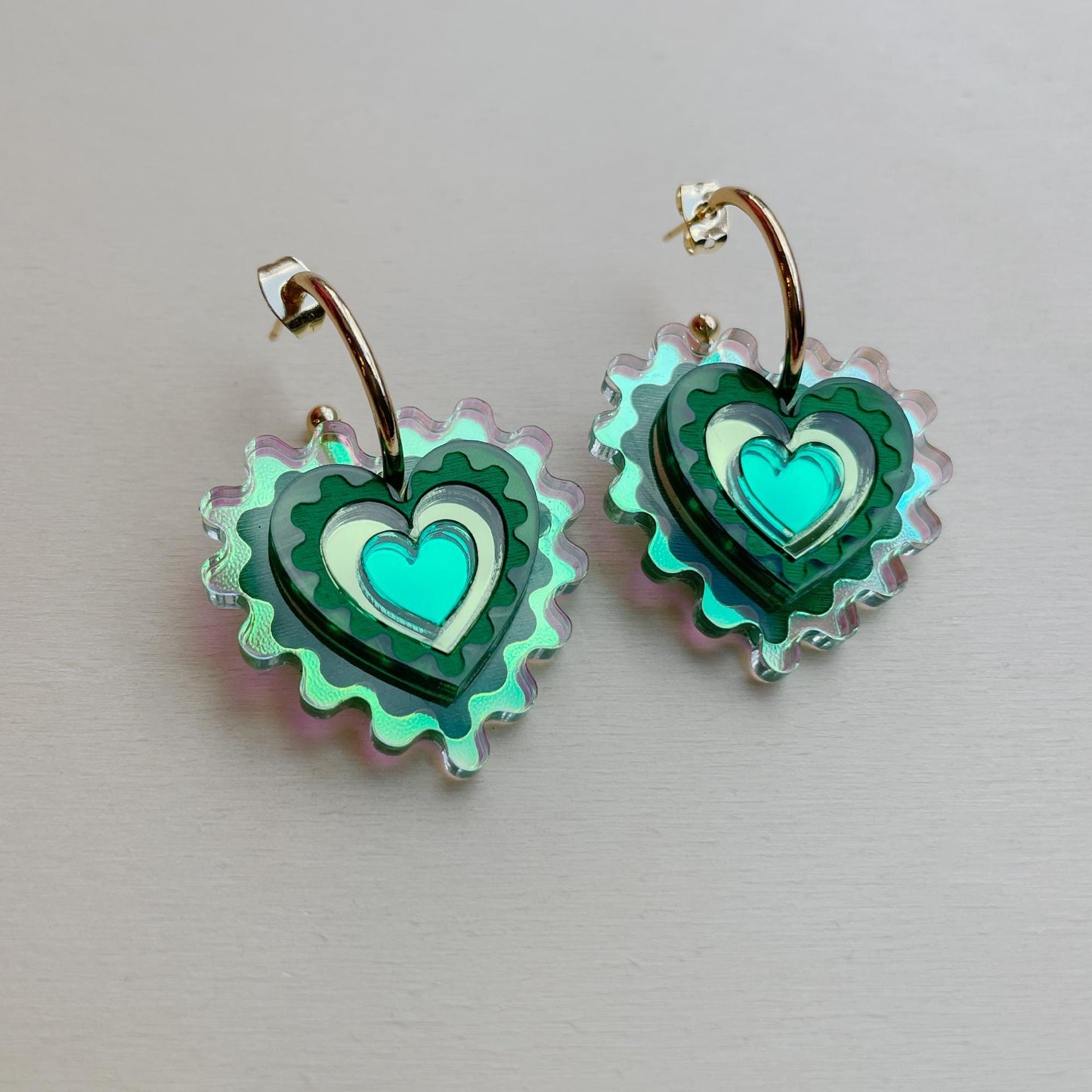 Iridescent Wiggle Heart Hoop Earrings in Green