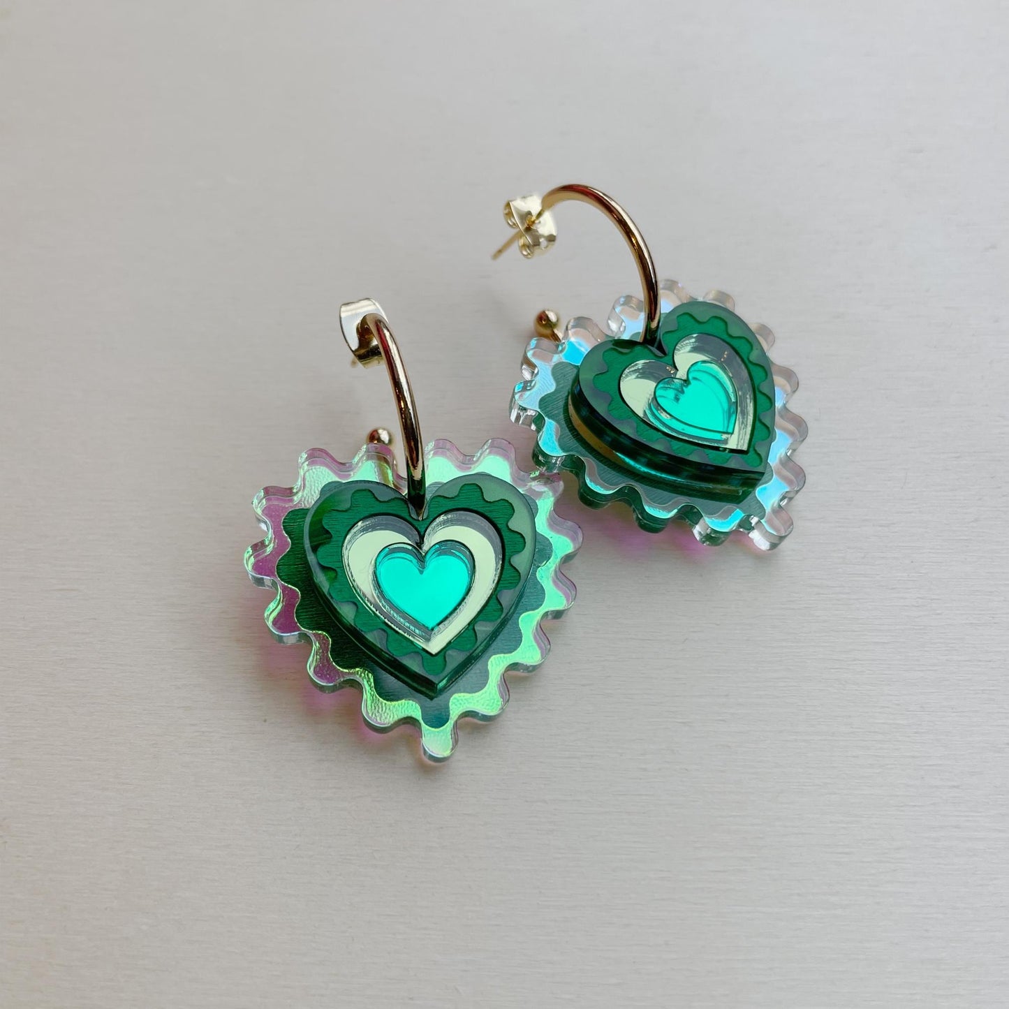 Iridescent Wiggle Heart Hoop Earrings in Green