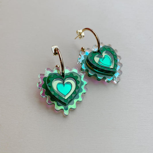 Iridescent Wiggle Heart Hoop Earrings in Green