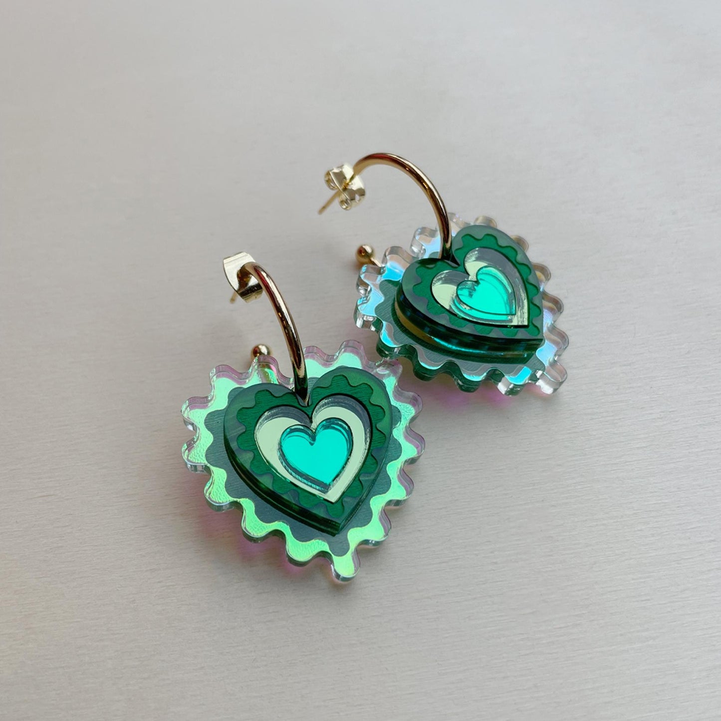Iridescent Wiggle Heart Hoop Earrings in Green