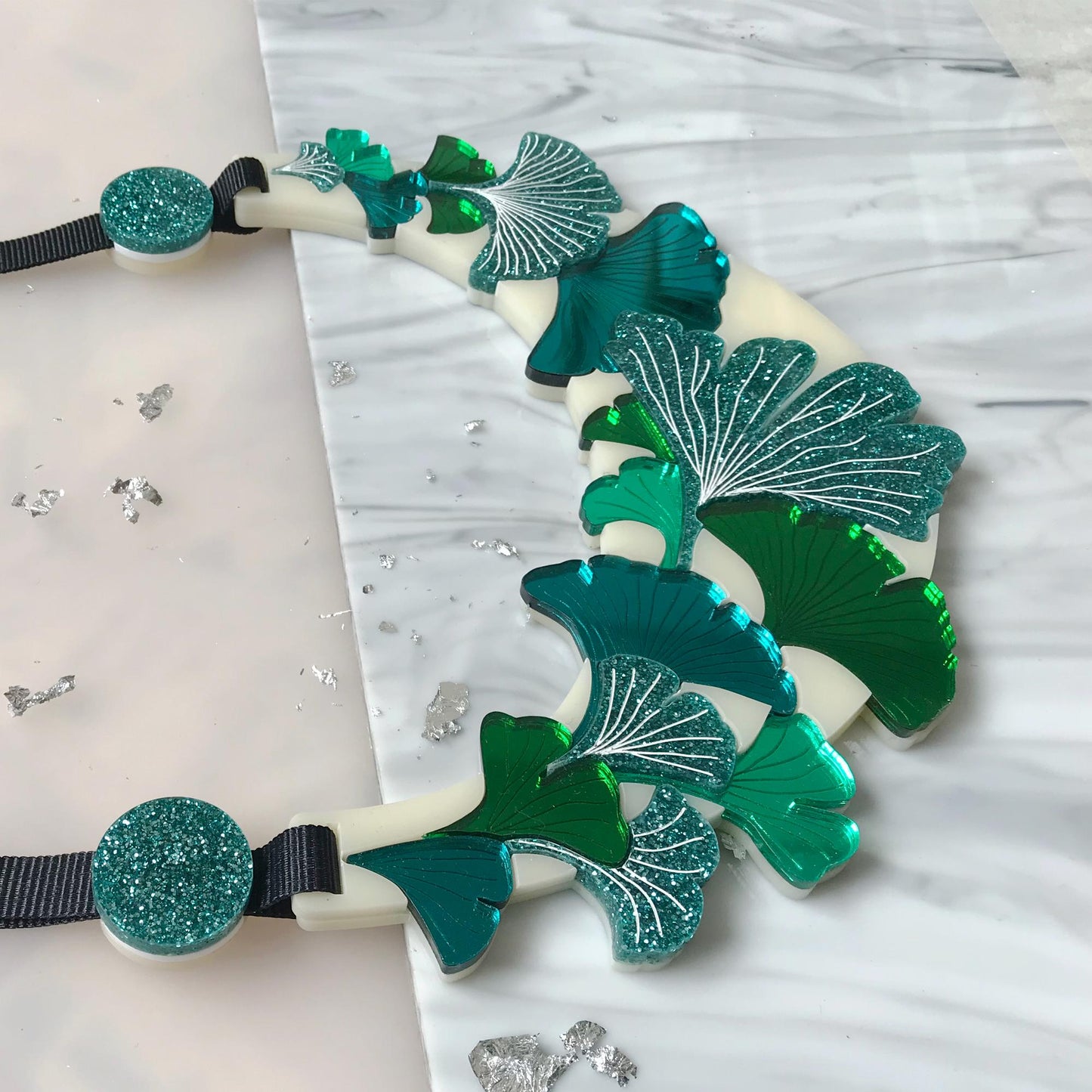 Teal and Green Glitter Ginkgo Leaf Statement Necklace