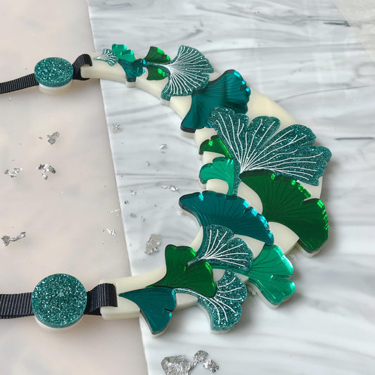 Teal and Green Glitter Ginkgo Leaf Statement Necklace