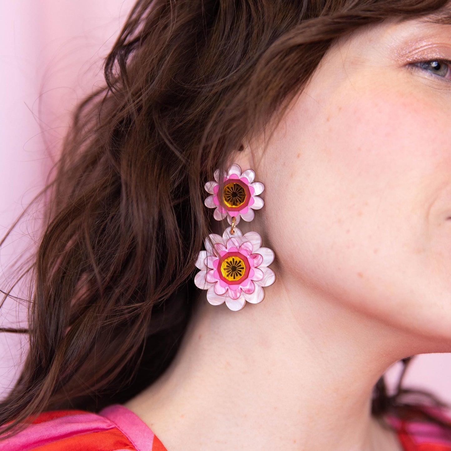Margot Daisy Floral Statement Earrings in Pink